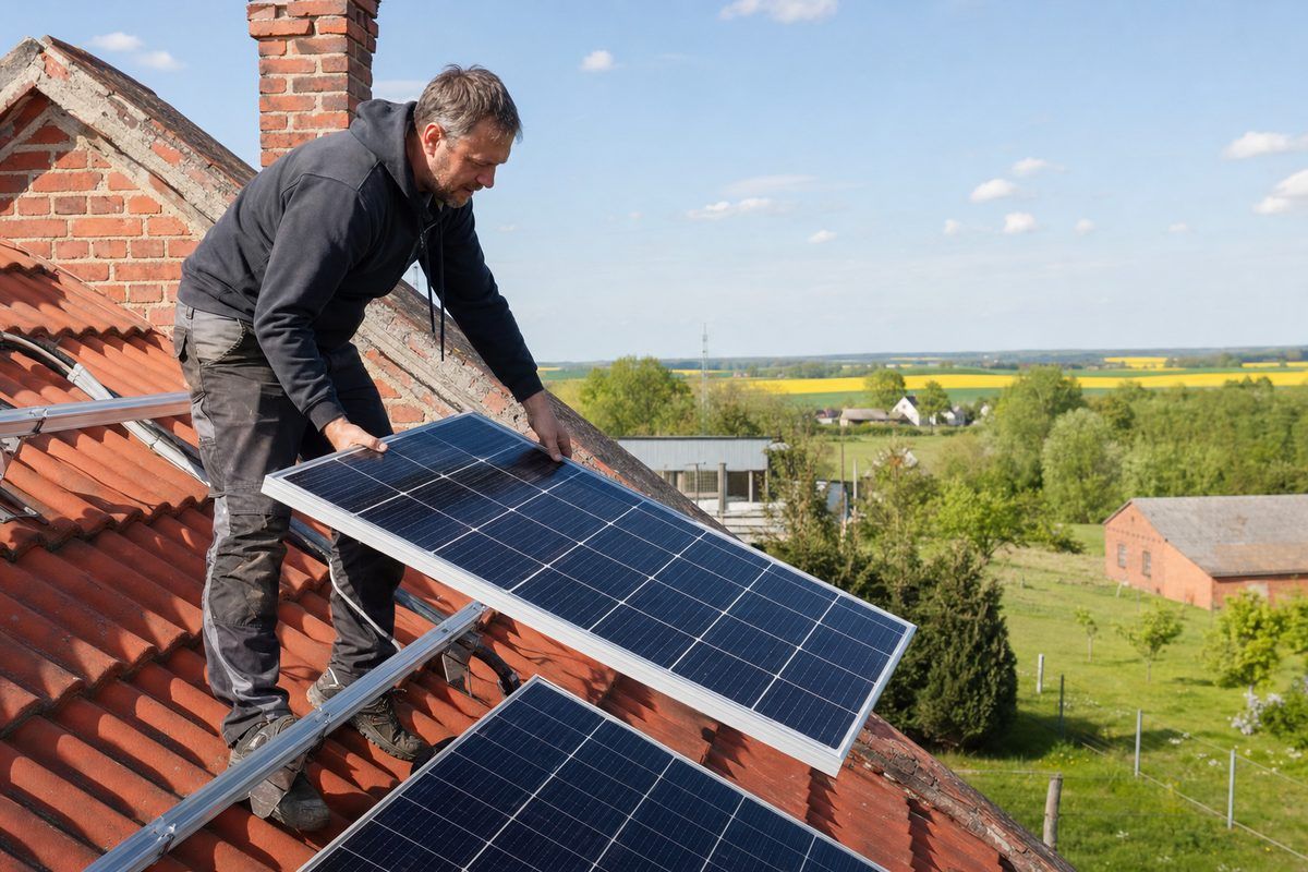 Hausbesitzer installiert Solarmodule in Eigenleistung auf Bauernhof-Dach in der Altmark