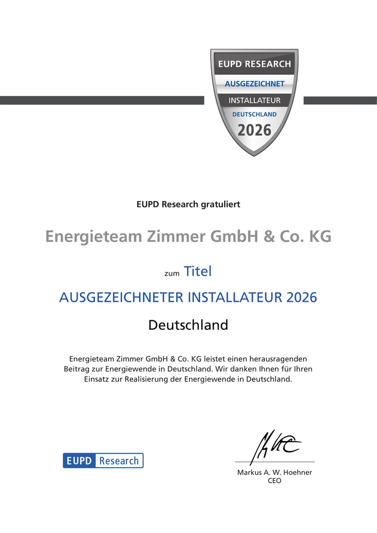 EUPD Research Zertifikat – Ausgezeichneter Installateur 2026 – Energieteam Zimmer GmbH & Co. KG