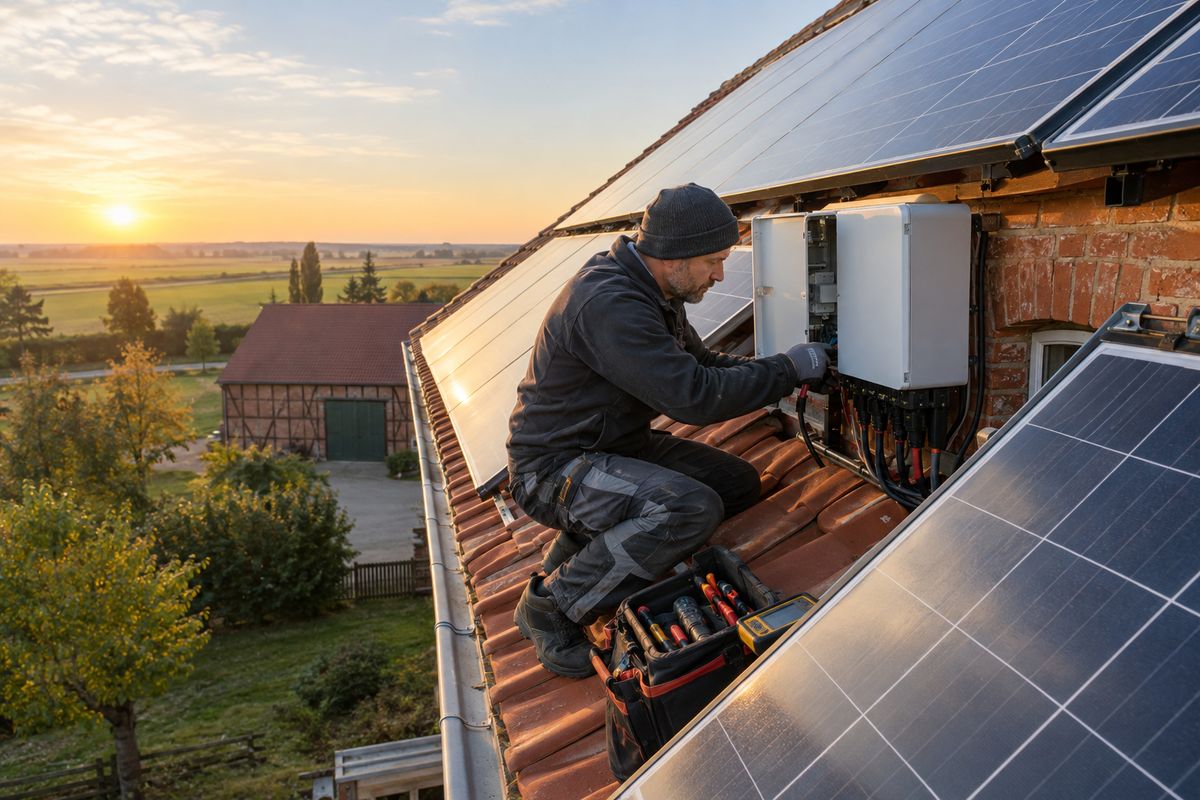 Energieteam Zimmer Techniker bei der Wartung eines Wechselrichters auf einem Bauernhof in der Altmark